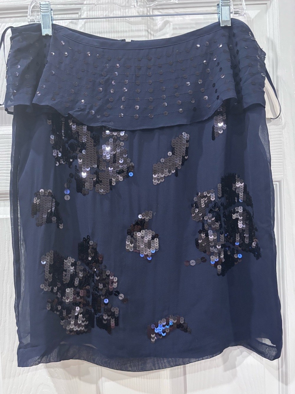DKNY Navy Sequin Floral Mini Skirt with Ruffle Waist